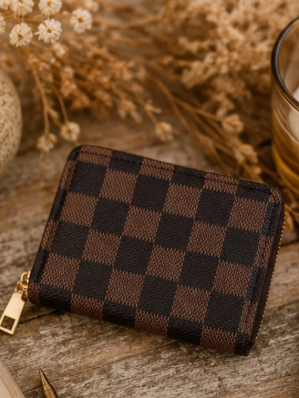 Brown Checkered Zip Wallet | Compact Card Holder|Designer Inspired